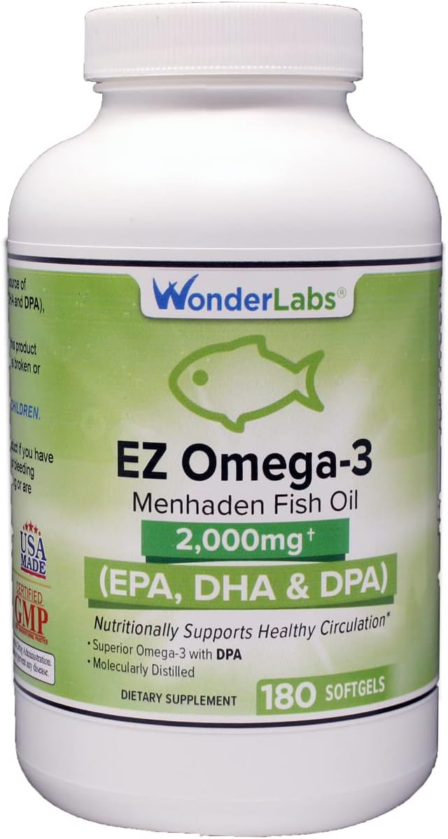 Premium Burpless Menhaden Fish Oil Supplement 2000mg - Made in USA - High Omega-3 EPA DHA DPA Balance - 180 Softgels