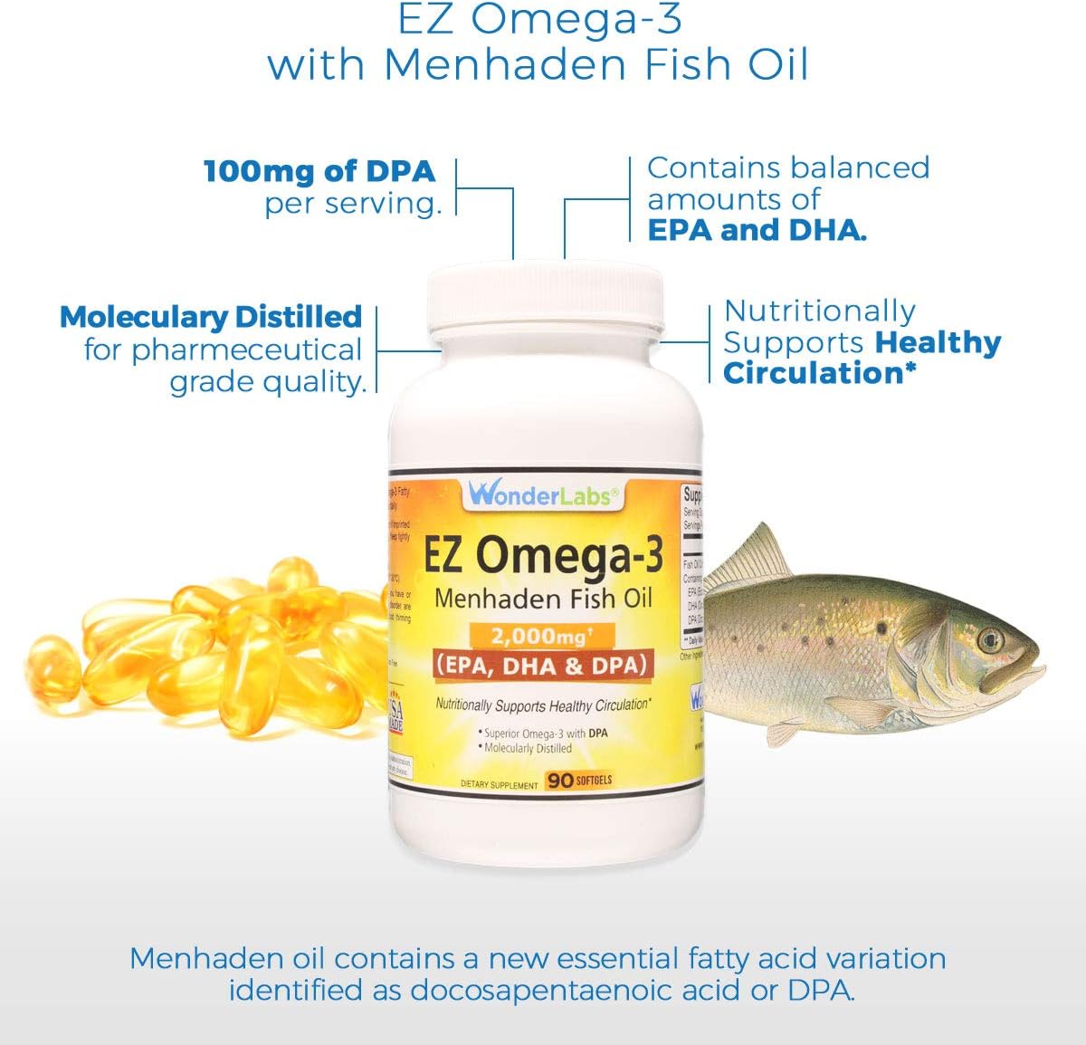 Premium Burpless Menhaden Fish Oil Supplement 2000mg - Made in USA - High Omega-3 EPA DHA DPA Balance - 180 Softgels