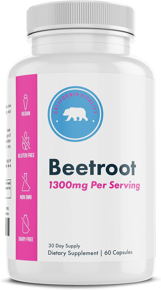 Premium California Vitality Beetroot Capsules - 1300mg, 60 Capsules - Vegan, Non-GMO - Made in USA - Beetroot Supplement for Adults - 30 Servings