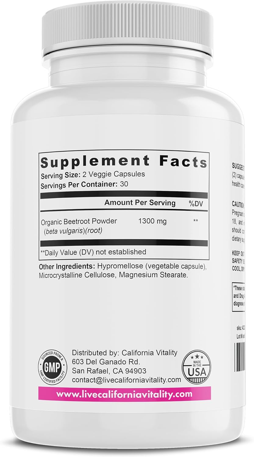Premium California Vitality Beetroot Capsules - 1300mg, 60 Capsules - Vegan, Non-GMO - Made in USA - Beetroot Supplement for Adults - 30 Servings