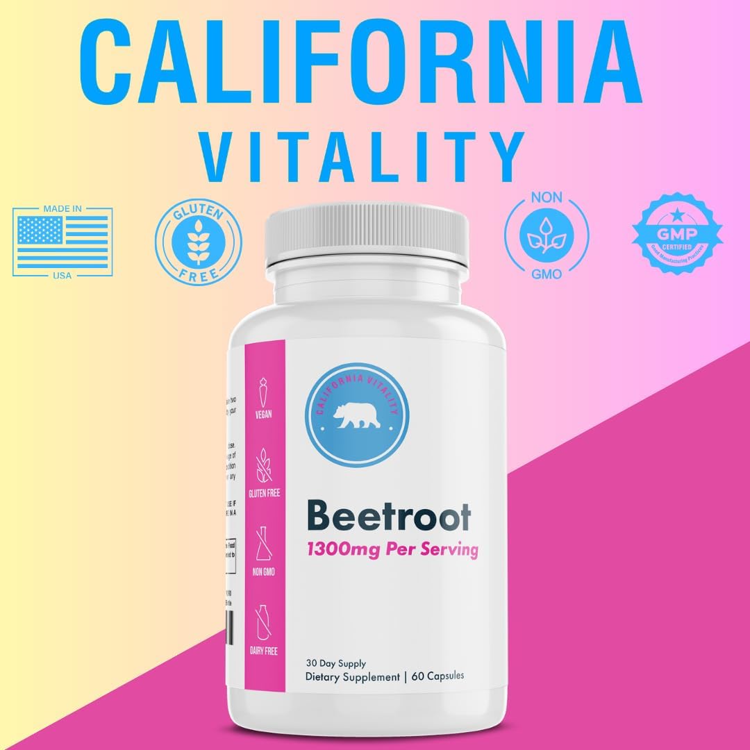 Premium California Vitality Beetroot Capsules - 1300mg, 60 Capsules - Vegan, Non-GMO - Made in USA - Beetroot Supplement for Adults - 30 Servings