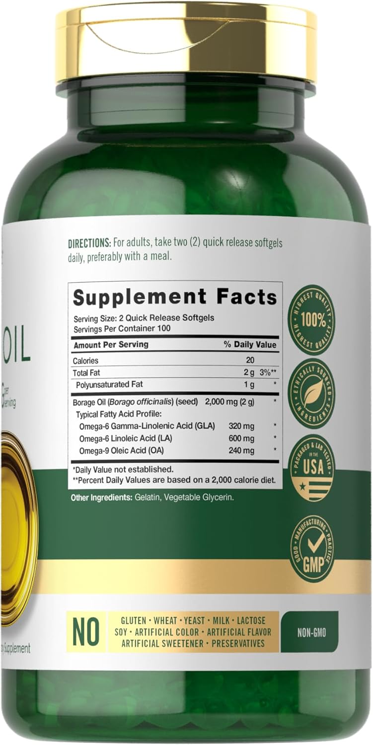 Premium Carlyle Borage Oil Softgels - 2000mg, 200 Capsules, 320mg GLA, Cold Pressed Seed Oil, Hexane-Free, Non-GMO, Gluten-Free