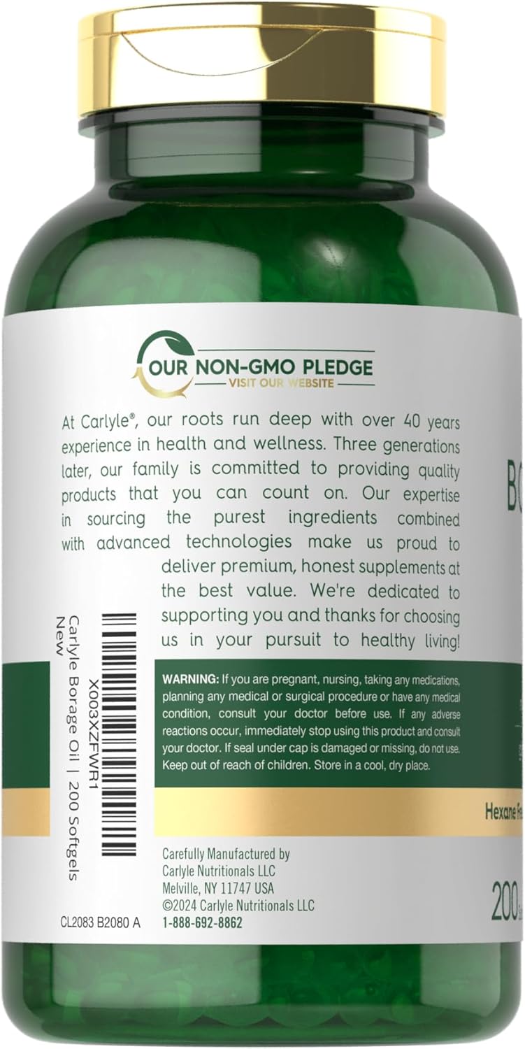 Premium Carlyle Borage Oil Softgels - 2000mg, 200 Capsules, 320mg GLA, Cold Pressed Seed Oil, Hexane-Free, Non-GMO, Gluten-Free