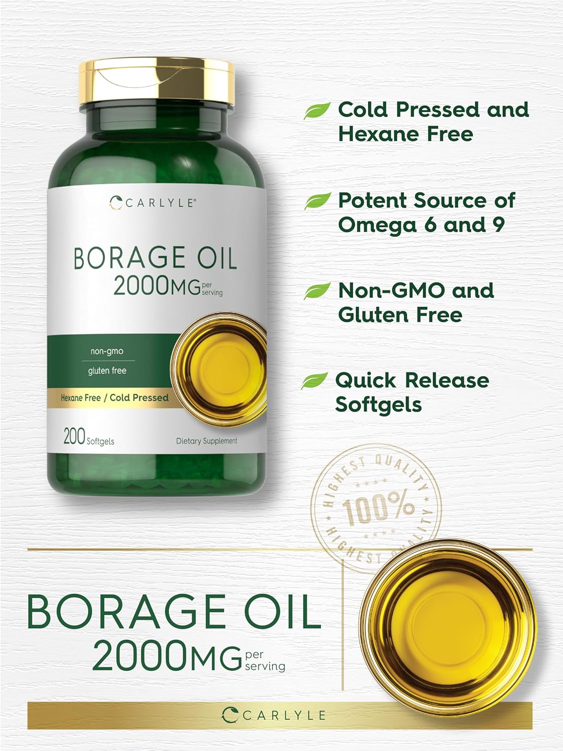Premium Carlyle Borage Oil Softgels - 2000mg, 200 Capsules, 320mg GLA, Cold Pressed Seed Oil, Hexane-Free, Non-GMO, Gluten-Free