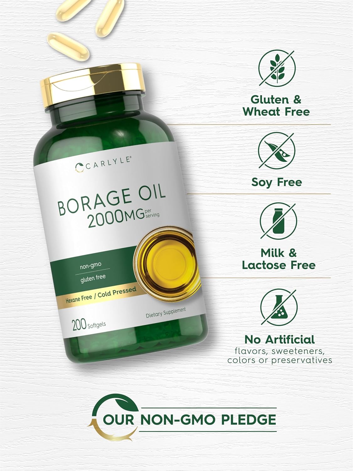 Premium Carlyle Borage Oil Softgels - 2000mg, 200 Capsules, 320mg GLA, Cold Pressed Seed Oil, Hexane-Free, Non-GMO, Gluten-Free