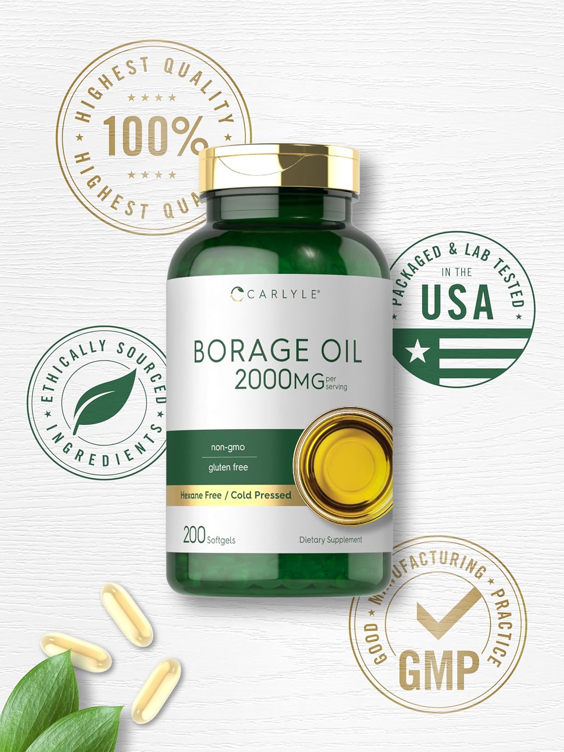 Premium Carlyle Borage Oil Softgels - 2000mg, 200 Capsules, 320mg GLA, Cold Pressed Seed Oil, Hexane-Free, Non-GMO, Gluten-Free