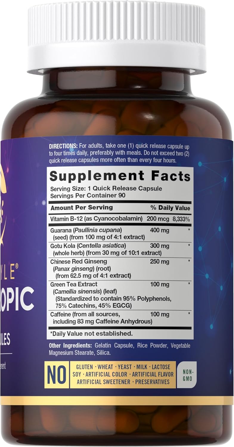 Premium Carlyle Nootropic Supplement | 90 Capsules | Enhanced with B12, Guarana & More | Non-GMO & Gluten Free