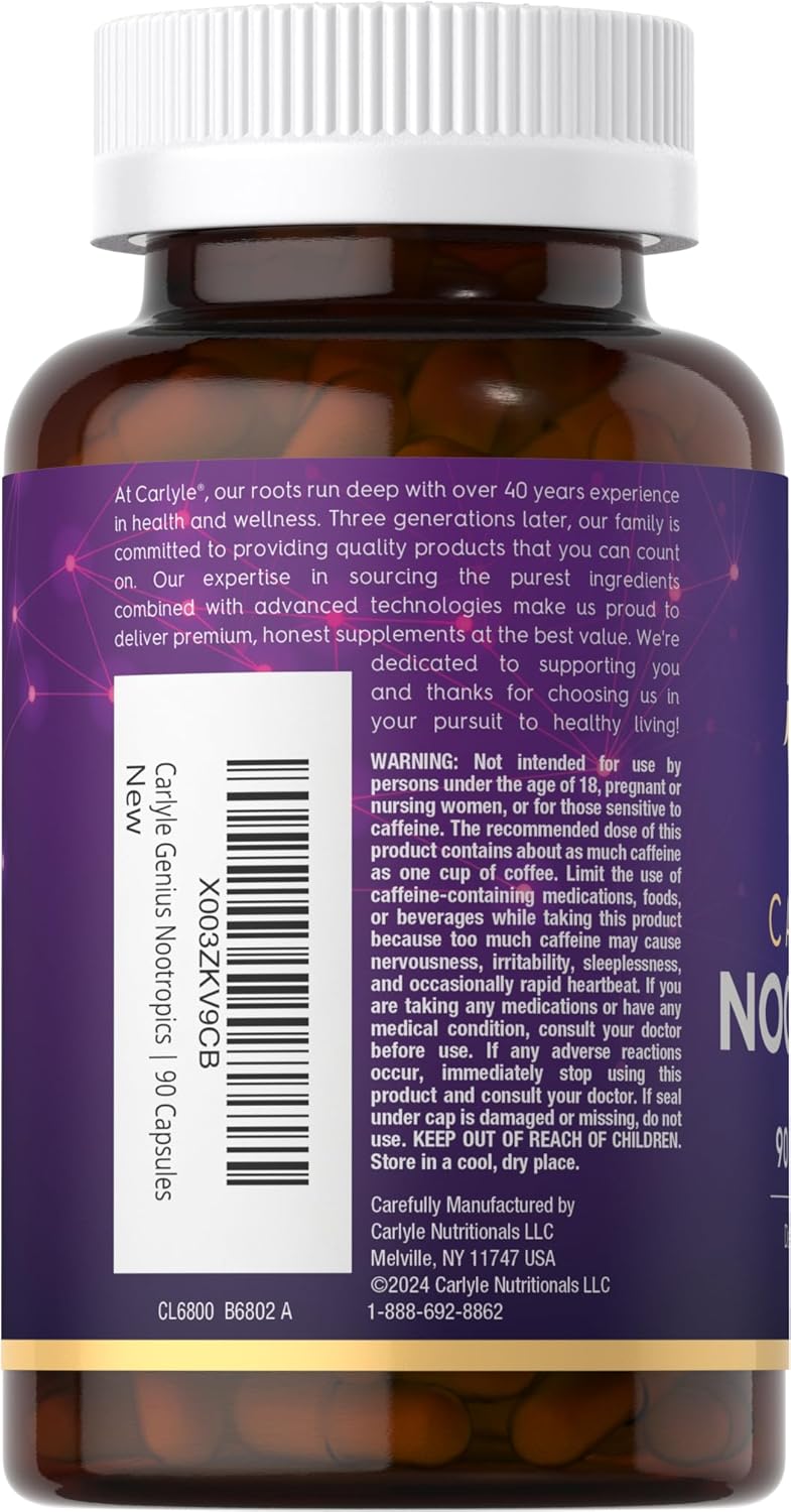 Premium Carlyle Nootropic Supplement | 90 Capsules | Enhanced with B12, Guarana & More | Non-GMO & Gluten Free
