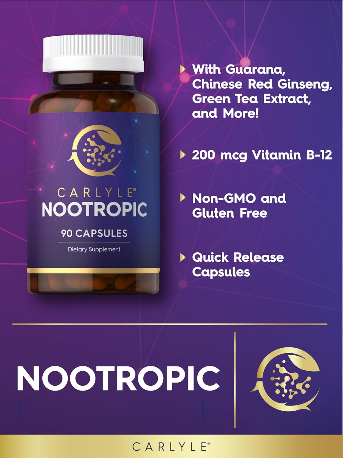 Premium Carlyle Nootropic Supplement | 90 Capsules | Enhanced with B12, Guarana & More | Non-GMO & Gluten Free
