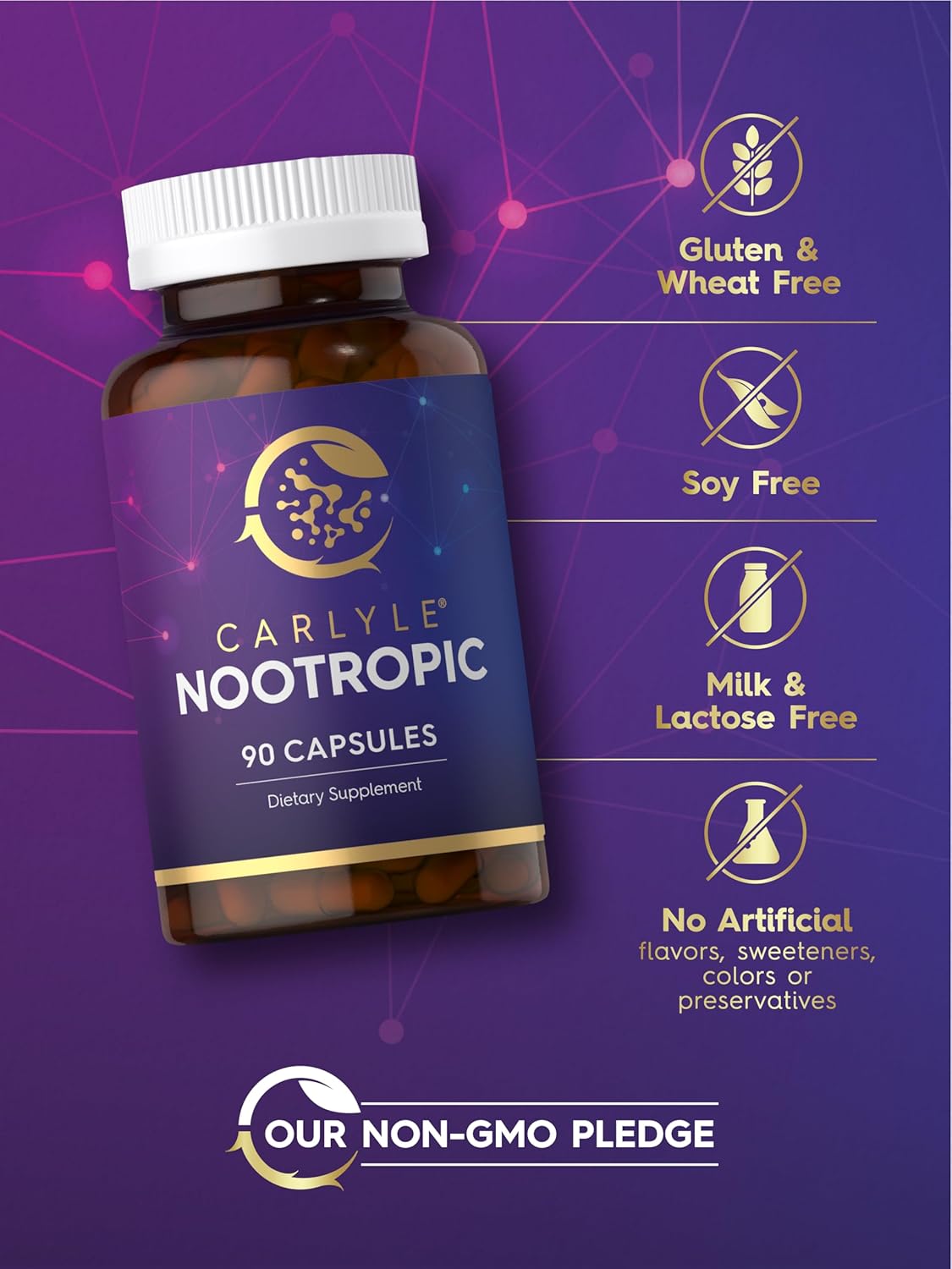 Premium Carlyle Nootropic Supplement | 90 Capsules | Enhanced with B12, Guarana & More | Non-GMO & Gluten Free