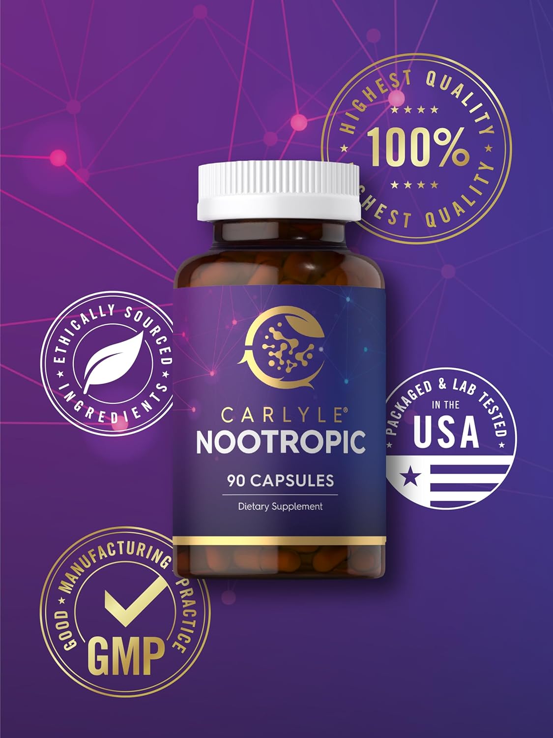Premium Carlyle Nootropic Supplement | 90 Capsules | Enhanced with B12, Guarana & More | Non-GMO & Gluten Free