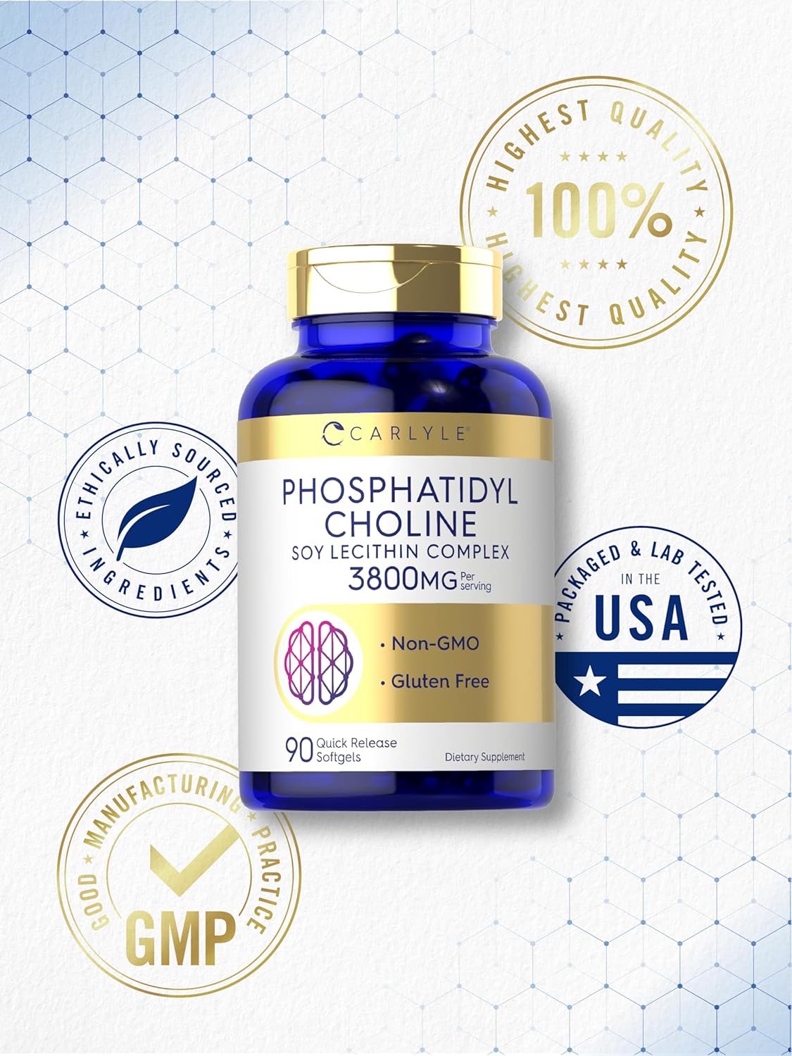 Premium Carlyle Phosphatidyl Choline Supplement 1,680mg - 90 Softgels - Non-GMO & Gluten Free