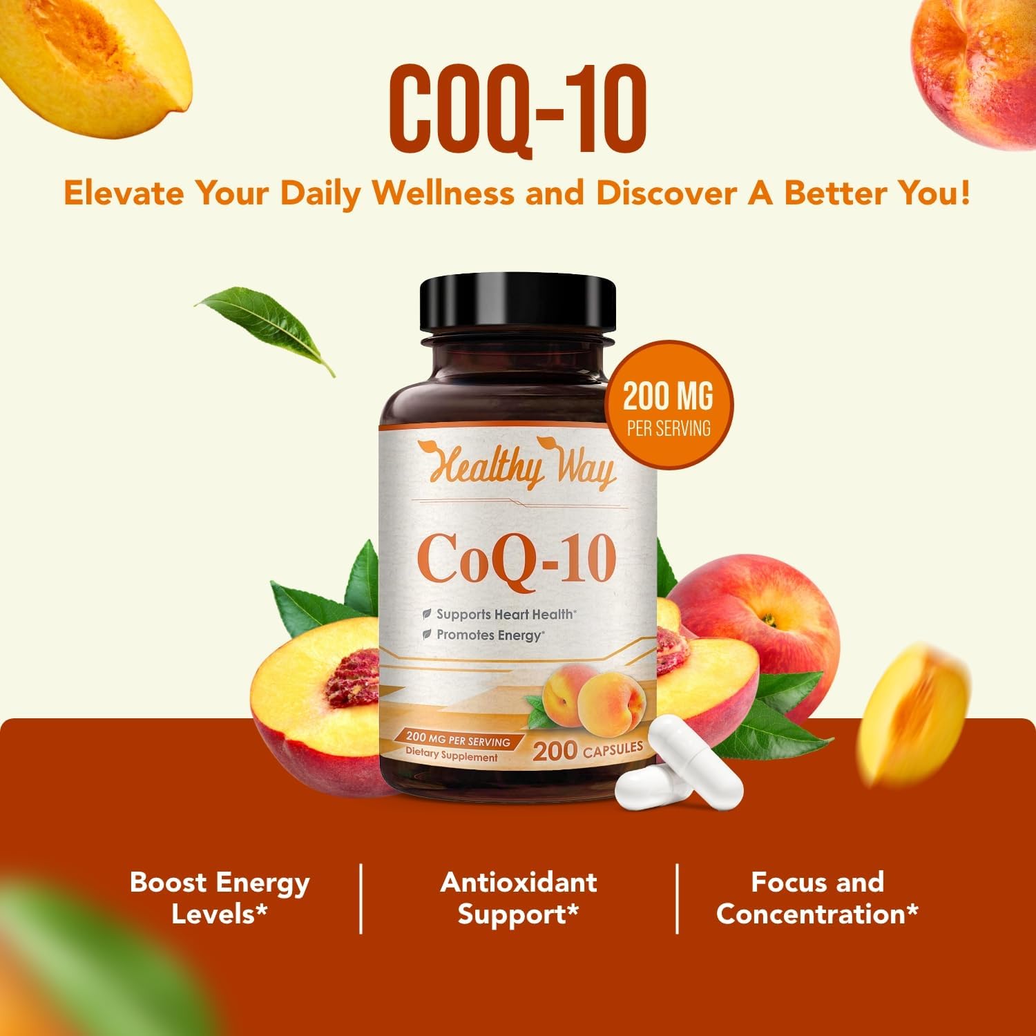 Premium Coenzyme Q10 200mg Capsules for Heart Health & Energy Support - Non-GMO Ubiquinone CoQ10 Supplement - 200 Count Pack for Daily Antioxidant Boost & Quick Absorption Formula