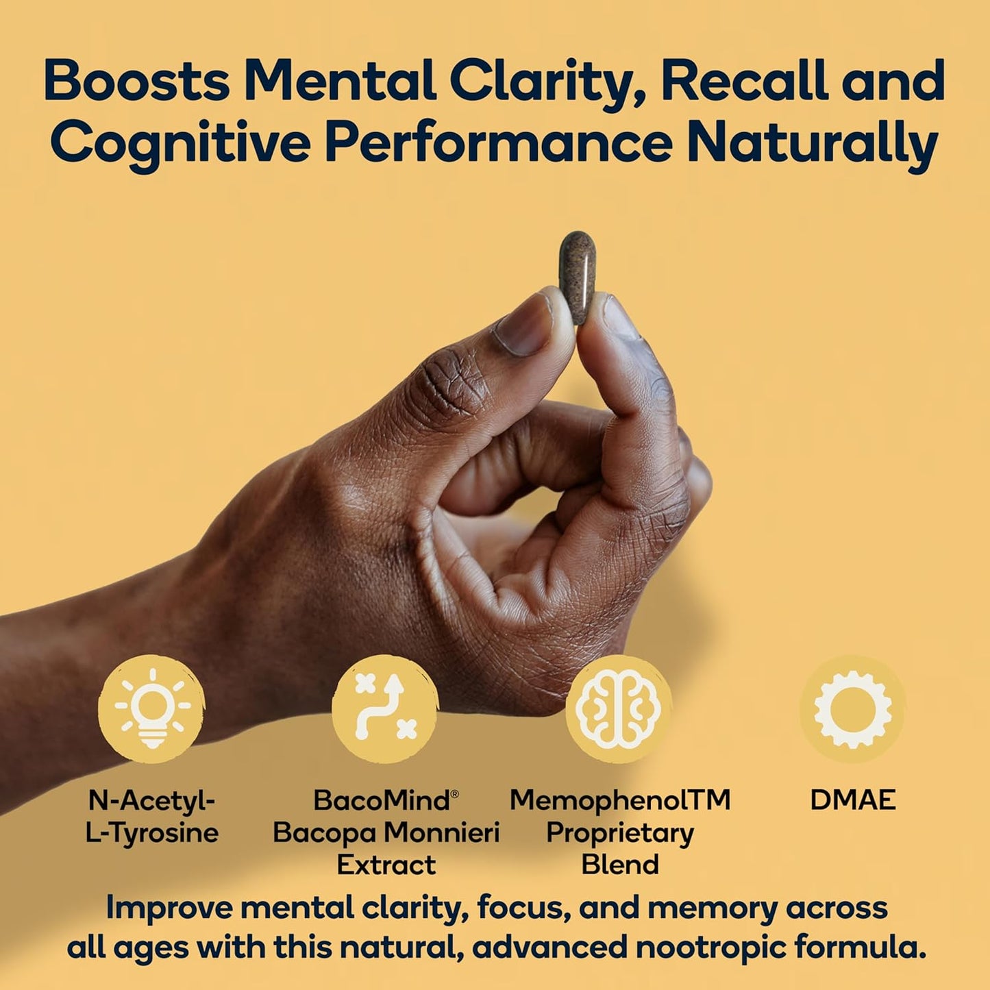 Premium Cognitive Enhancement Supplement with Natural Nootropics - Memophenol, Bacopa, & DMAE - 60 Veggie Capsules - Boost Focus and Mental Clarity