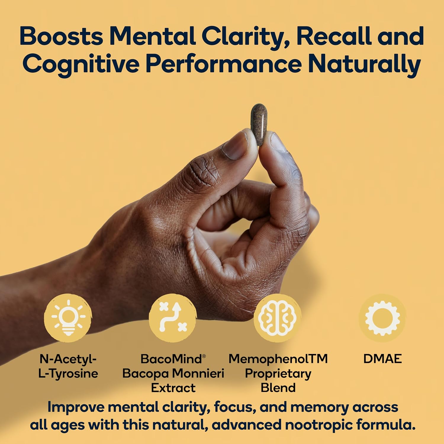 Premium Cognitive Enhancement Supplement with Natural Nootropics - Memophenol, Bacopa, & DMAE - 60 Veggie Capsules - Boost Focus and Mental Clarity