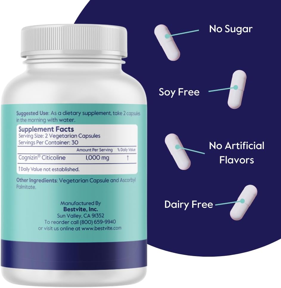 Premium Cognizin 500mg Brain Supplement - 120 Vegan Capsules for Memory & Focus - Choline Nootropic - Non GMO & Gluten Free
