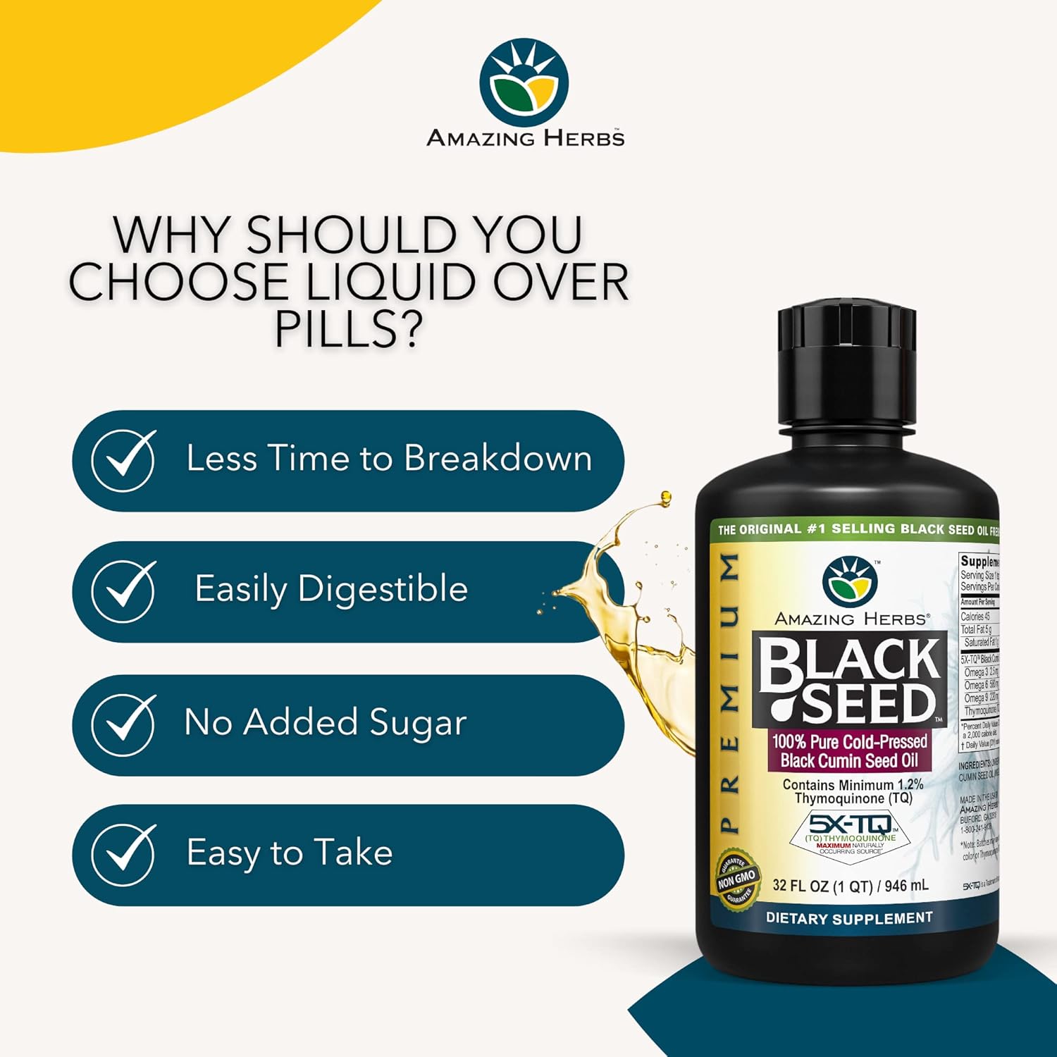 Premium Cold Pressed Black Seed Oil - 32 Fl Oz (Pack of 2) for Digestive Health, Immune Support, Brain Function, Joint Mobility - Gluten Free, Non GMO - Nigella Sativa Extract