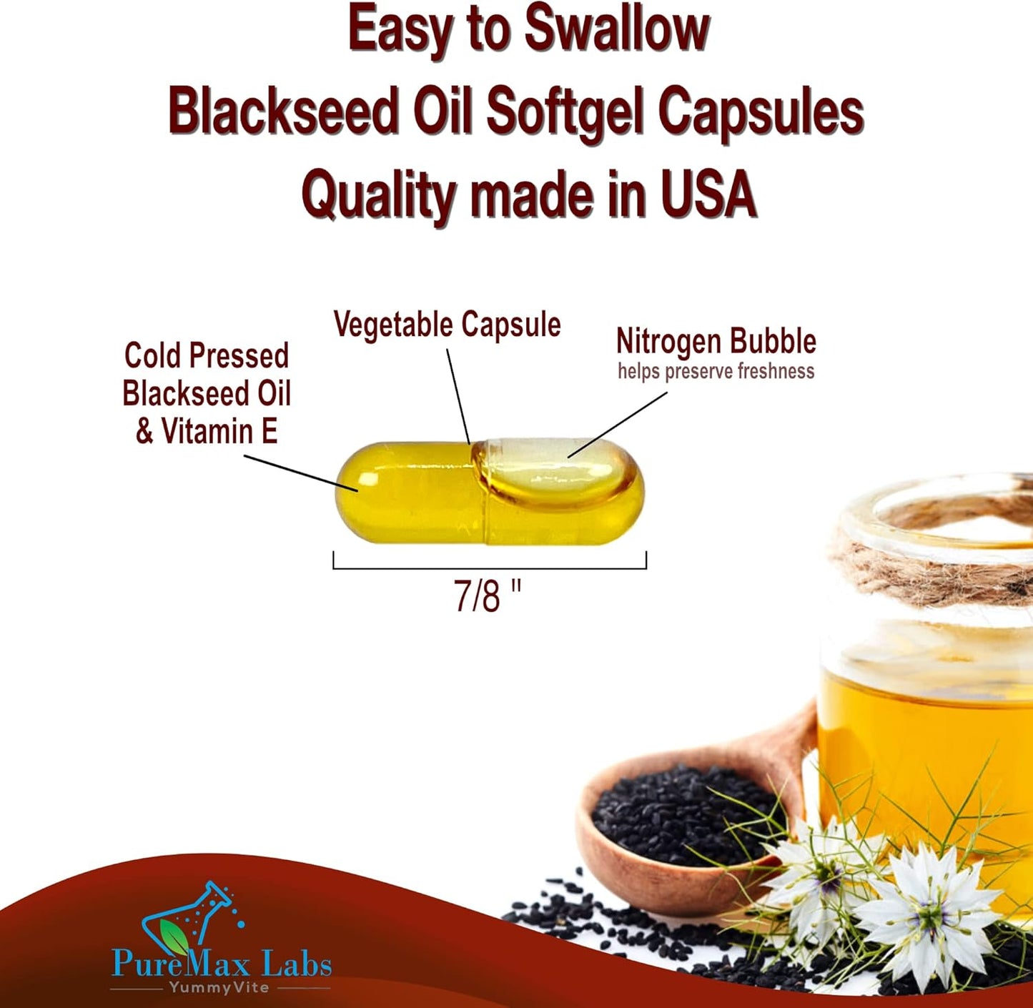 Premium Cold Pressed Black Seed Oil Capsules - 120 Count, Pure Nigella Sativa with Vitamin E for Hair, Skin, Immune Health - Non-GMO Formula