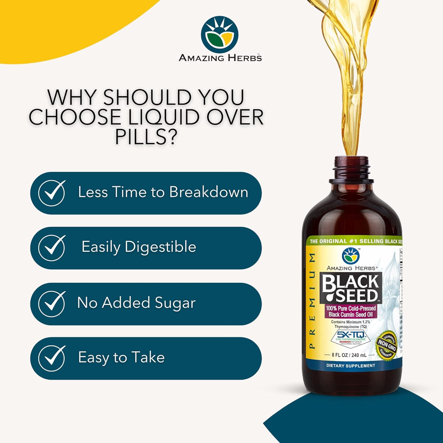 Premium Cold Pressed Black Seed Oil for Digestive Health, Immune Support, and Brain Function - 8 Fl Oz - Gluten Free & Non GMO - Nigella Sativa