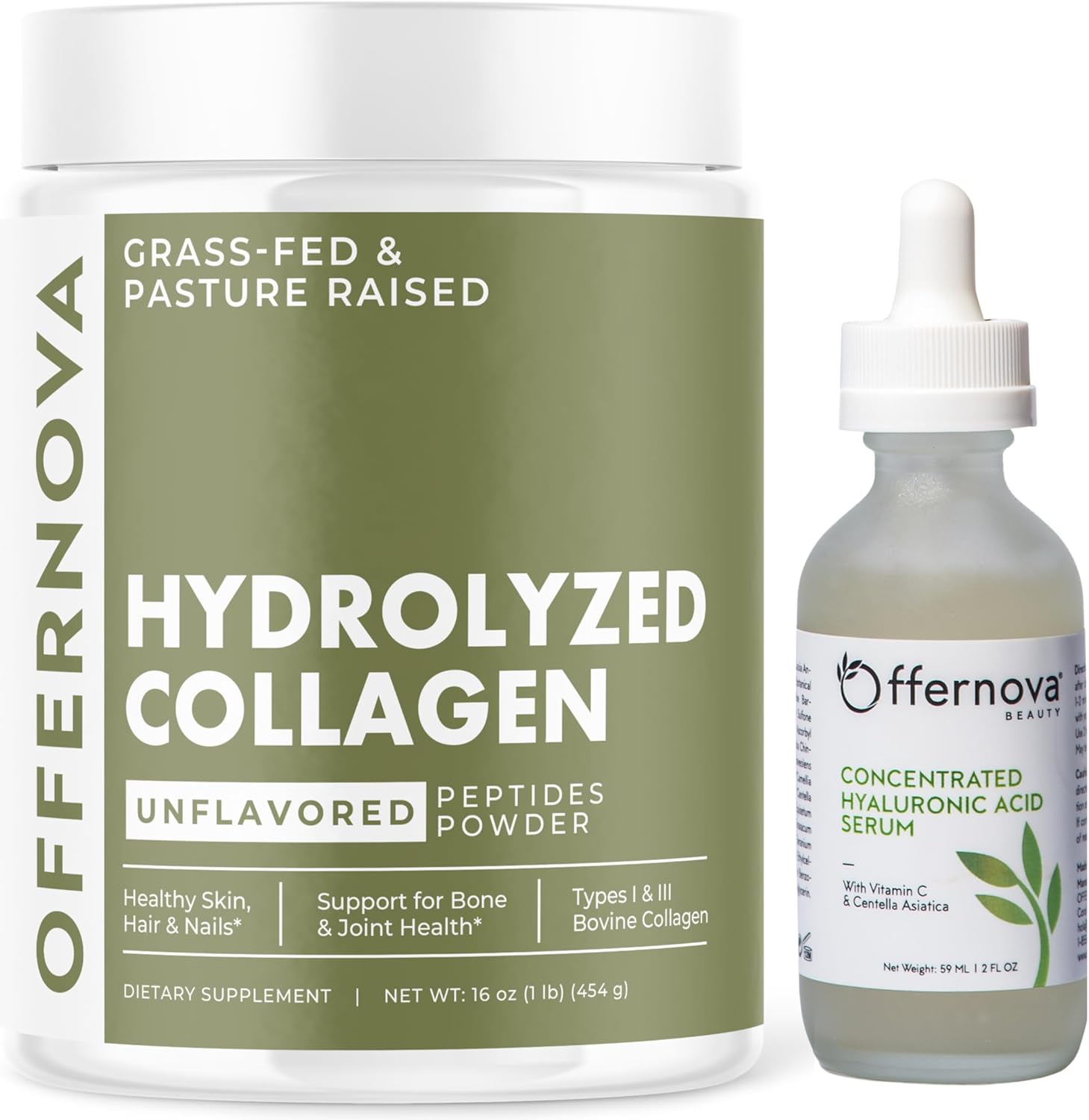 Premium Collagen and Hyaluronic Acid Bundle - Hydrolyzed Powder & Hydrating Serum for Radiant Skin, Strong Hair, and Joints - Anti-Aging Beauty Set