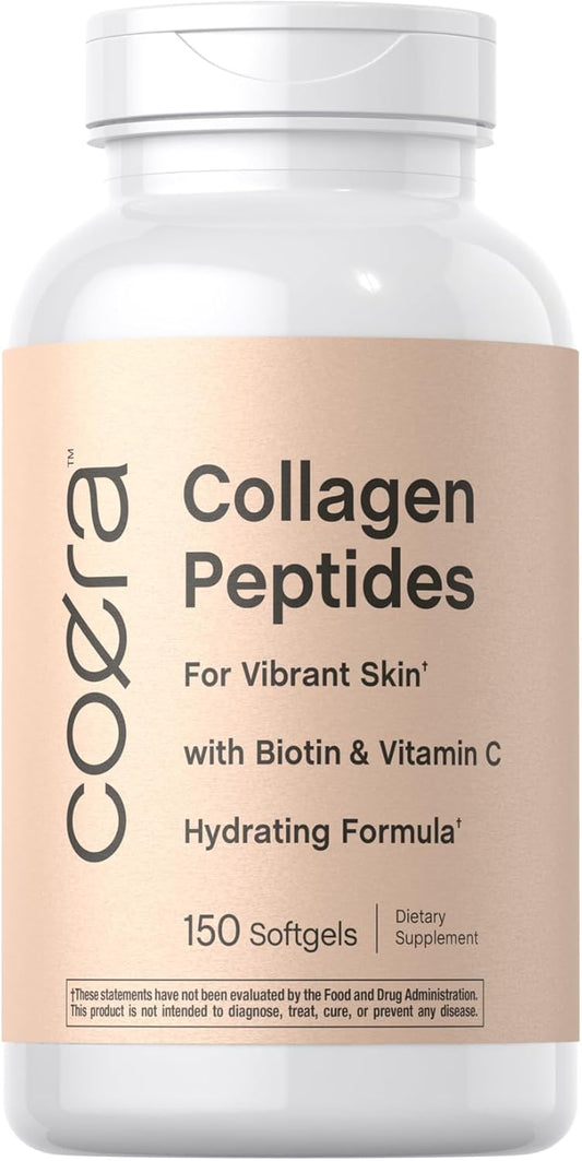 Premium Collagen Peptide Softgel Capsules - 150 Count | Skin Support with Biotin & Vitamin C | Grass Fed, Non-GMO, Gluten Free - Coera