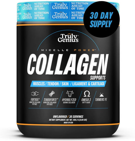 Premium Collagen Peptides Powder with Omega 3, Vitamin C & E, Turmeric for Muscle Repair - 30 Servings - 211g - Unflavored