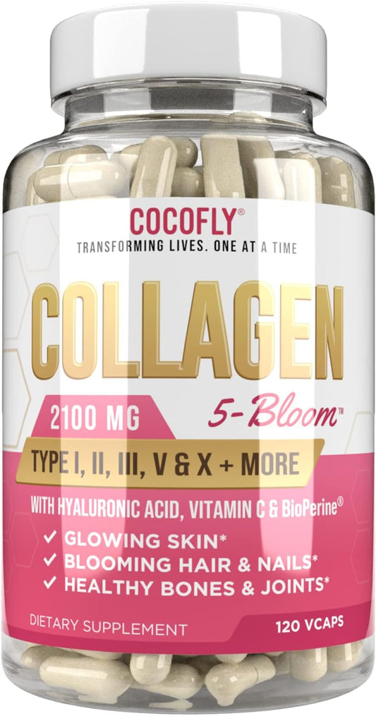 Premium Collagen Pills for Women - 120 Capsules, 2100mg Hydrolyzed Collagen, Grass Fed Supplements with Hyaluronic Acid, Vitamin C, Bioperine - Anti-Aging Support for Skin and Hair