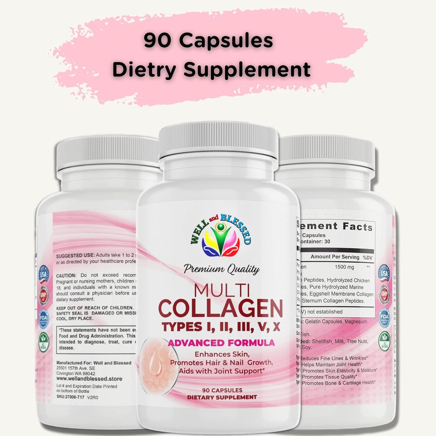Premium Collagen Supplements for Women with Vitamin C, E - Tighten Skin, Reduce Wrinkles, Strong Nails, Joints & Hair Growth - Anti Aging Skin Care - 90 Capsules