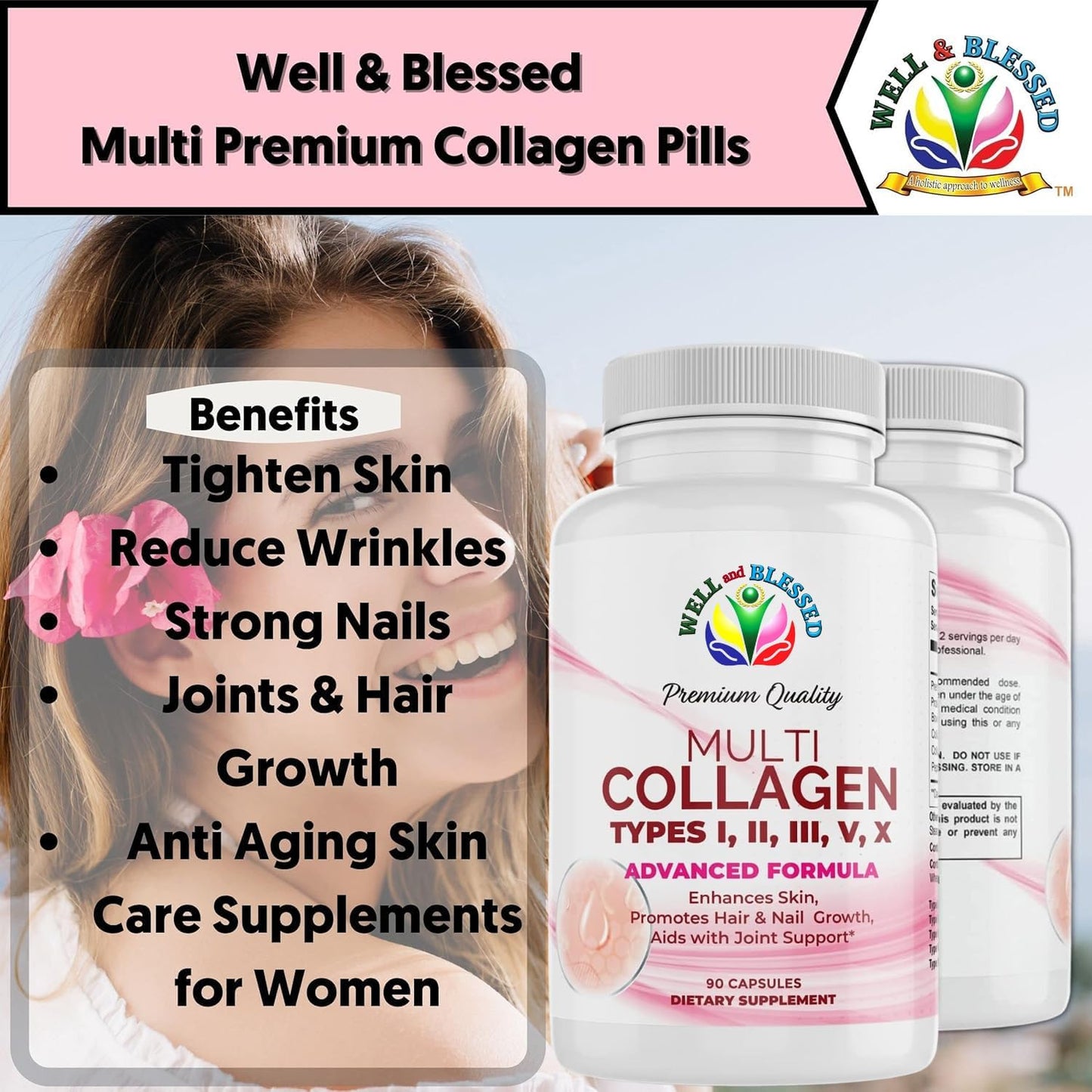 Premium Collagen Supplements for Women with Vitamin C, E - Tighten Skin, Reduce Wrinkles, Strong Nails, Joints & Hair Growth - Anti Aging Skin Care - 90 Capsules