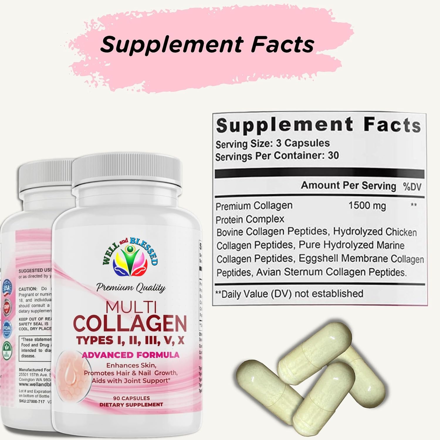 Premium Collagen Supplements for Women with Vitamin C, E - Tighten Skin, Reduce Wrinkles, Strong Nails, Joints & Hair Growth - Anti Aging Skin Care - 90 Capsules