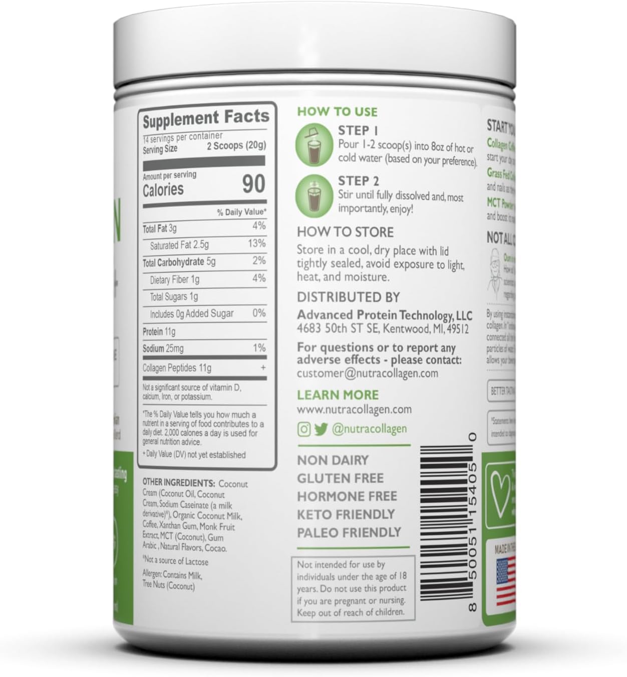 Premium Colombian Coffee NutraCollagen Peptide Powder with MCT Coconut Oil - Keto Friendly, Grass-Fed, Soy/Gluten/Sugar Free - Peppermint Mocha Flavor, 40mg Caffeine per Serving - 14 Servings