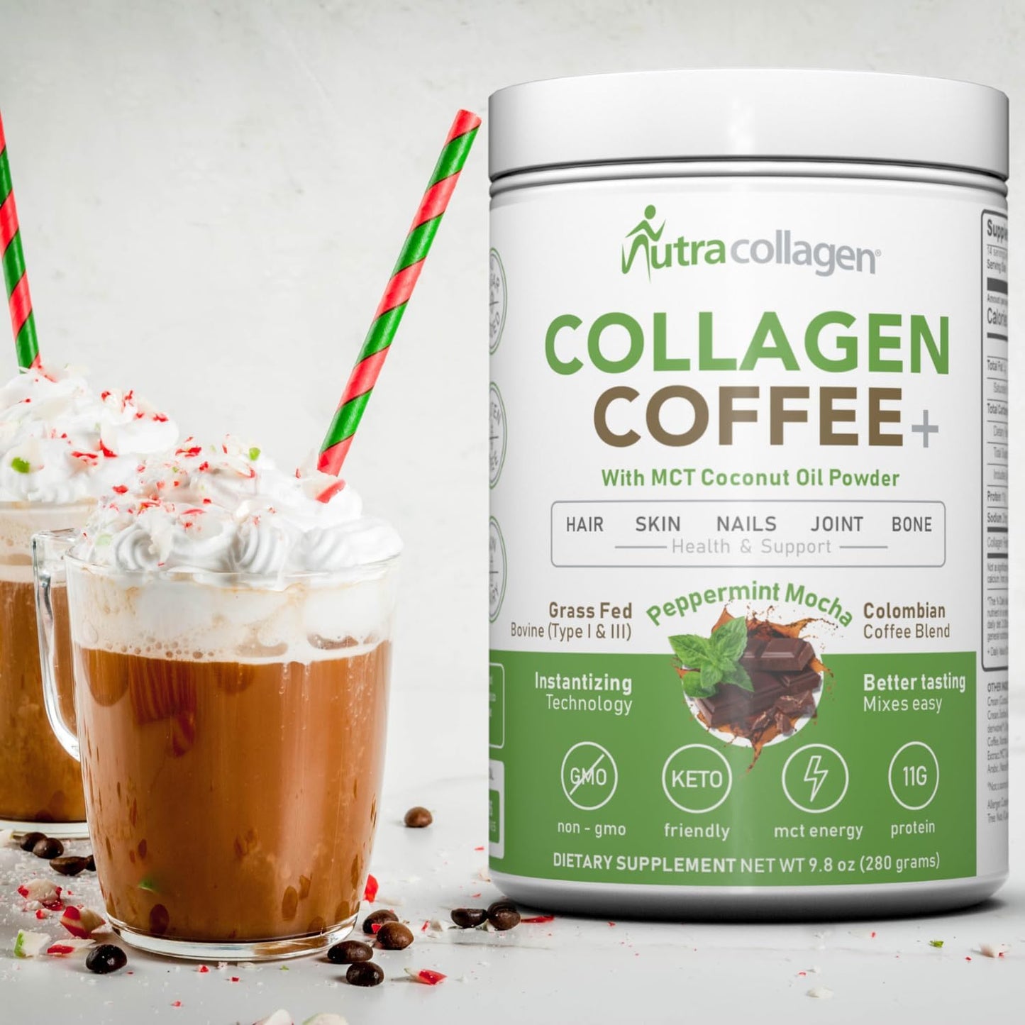 Premium Colombian Coffee NutraCollagen Peptide Powder with MCT Coconut Oil - Keto Friendly, Grass-Fed, Soy/Gluten/Sugar Free - Peppermint Mocha Flavor, 40mg Caffeine per Serving - 14 Servings