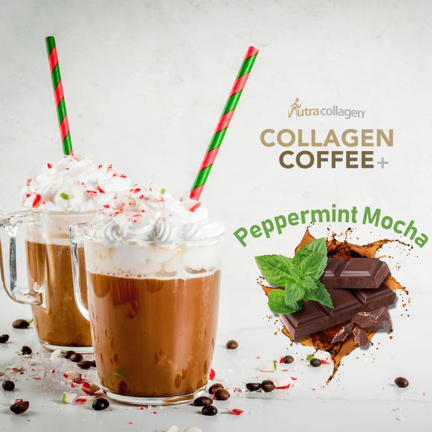 Premium Colombian Coffee NutraCollagen Peptide Powder with MCT Coconut Oil - Keto Friendly, Grass-Fed, Soy/Gluten/Sugar Free - Peppermint Mocha Flavor, 40mg Caffeine per Serving - 14 Servings