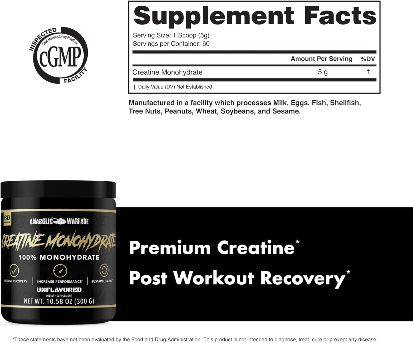 Premium Creatine Monohydrate for Post Workout Recovery and Performance - Anabolic Warfare (60 servings)