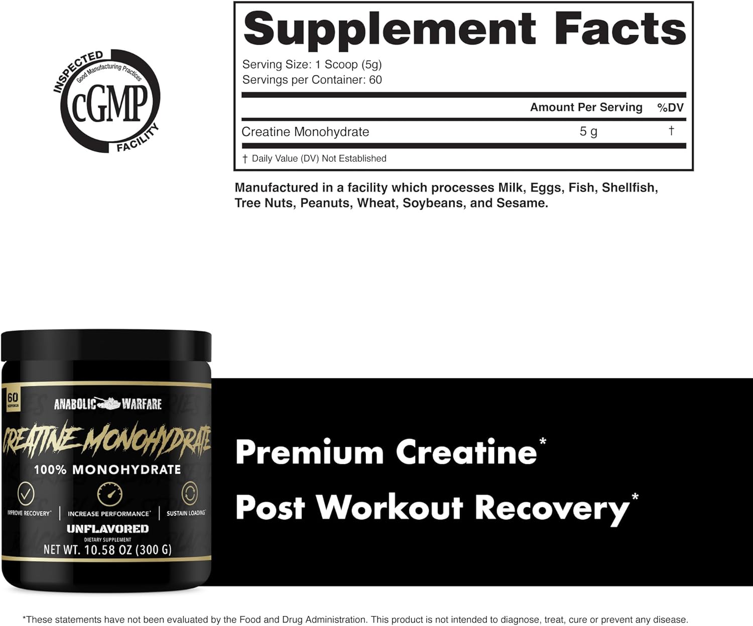 Premium Creatine Monohydrate for Post Workout Recovery and Performance - Anabolic Warfare (60 servings)