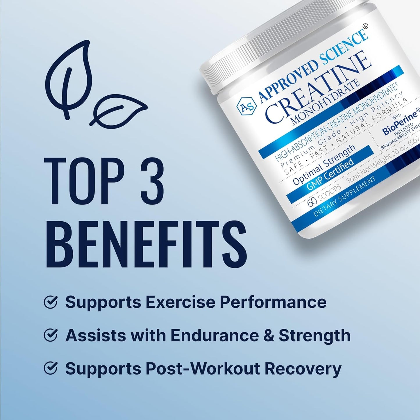 Premium Creatine Monohydrate Powder with BioPerine for Lean Muscle Growth - 60 Servings, 5g Per Serving - Unflavored Vegan Formula - Non-GMO