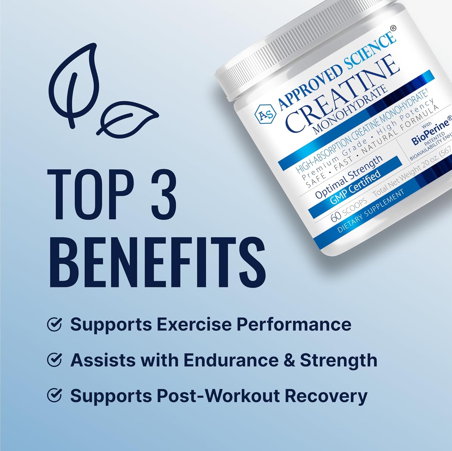 Premium Creatine Monohydrate Powder with BioPerine for Lean Muscle Growth - 60 Servings, 5g Per Serving - Unflavored Vegan Formula - Non-GMO