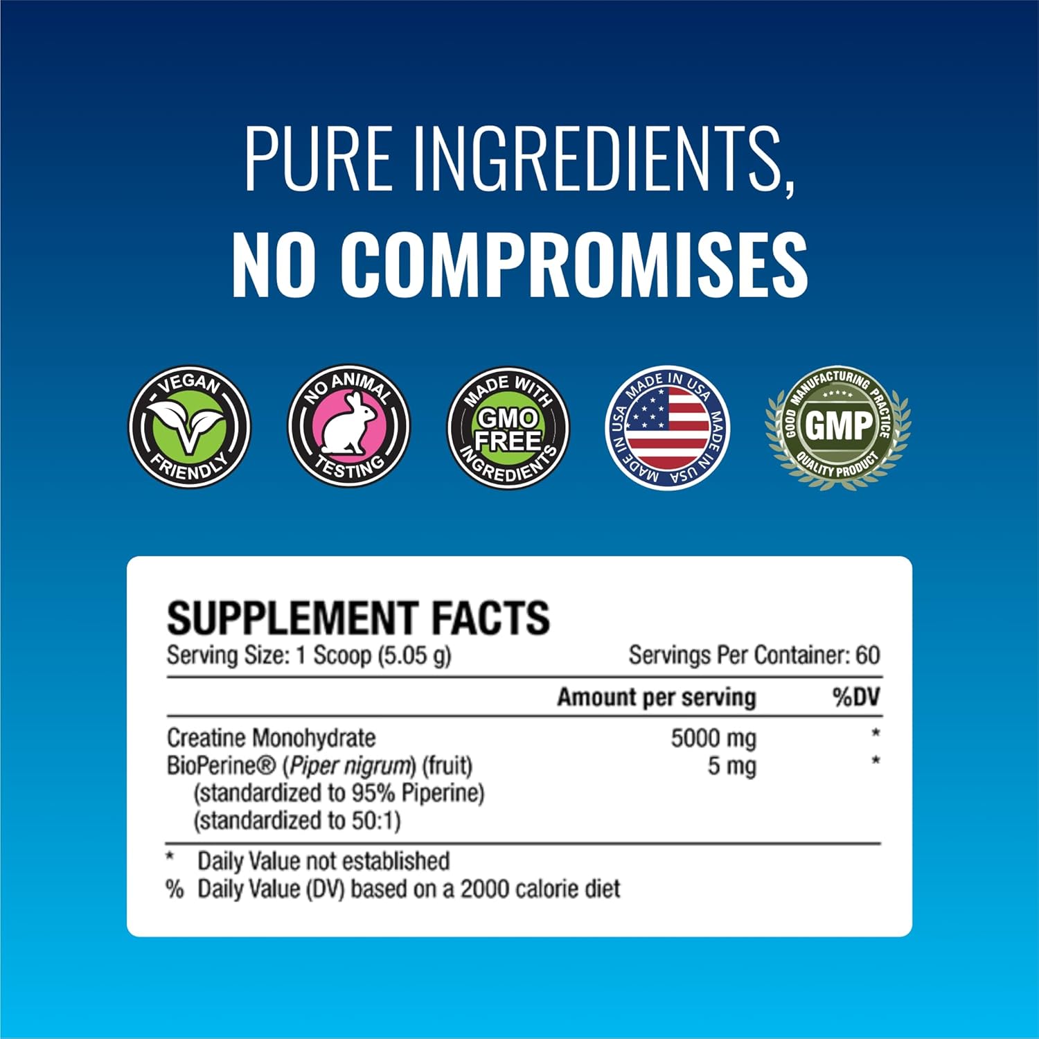 Premium Creatine Monohydrate Powder with BioPerine for Lean Muscle Growth - 60 Servings, 5g Per Serving - Unflavored Vegan Formula - Non-GMO
