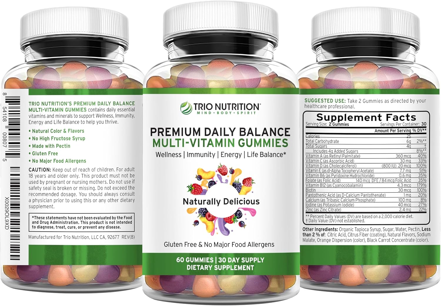 Premium Daily Multivitamin Gummies for Men & Women | Gluten-Free | No Major Food Allergens | Essential Vitamins & Minerals - Zinc | Naturally Delicious