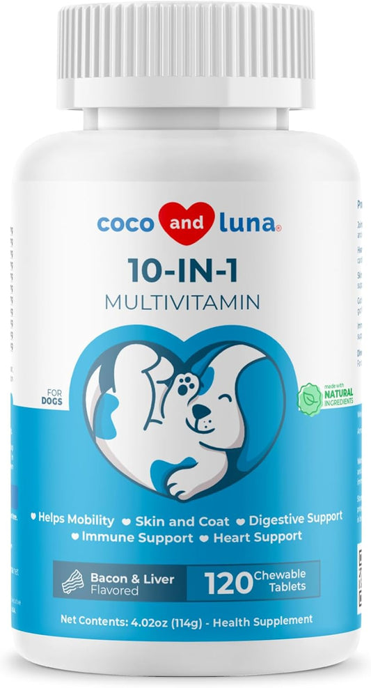 Premium Dog Multivitamin with Glucosamine, Chondroitin, Fish Oil, Coq10 - 120 Chewable Tablets for Skin, Heart, Gut & Immune Health