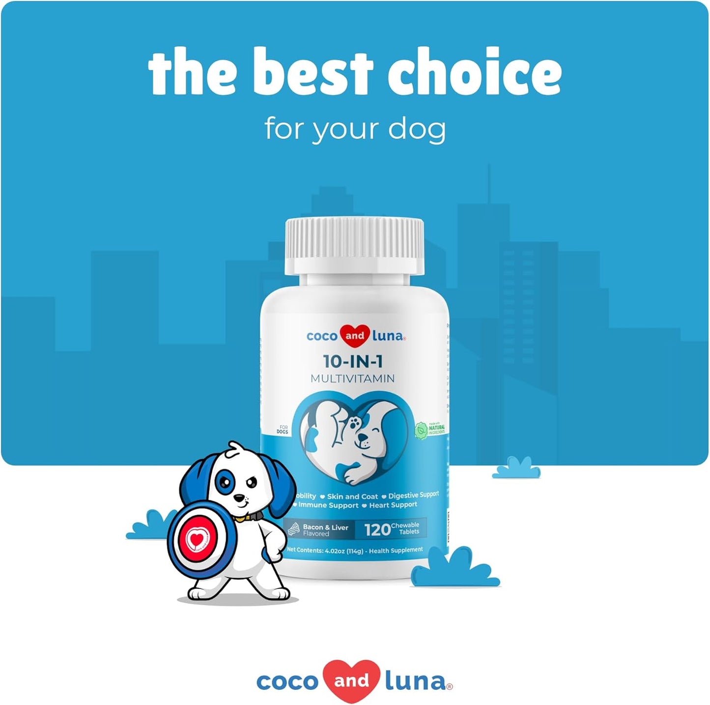 Premium Dog Multivitamin with Glucosamine, Chondroitin, Fish Oil, Coq10 - 120 Chewable Tablets for Skin, Heart, Gut & Immune Health