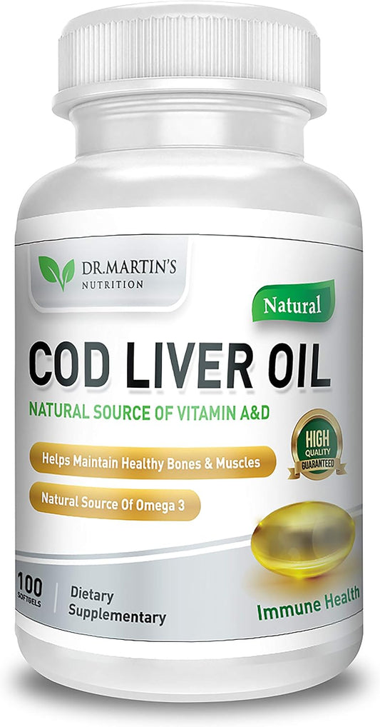 Premium Dr. Martin's Nutrition Burpless Cod Liver Oil Softgels - 100 Count - Omega 3 EPA & DHA, Vitamins A & D - Joint, Bone, Muscle, Brain, Heart, Eye, Immune Health Support - No Aftertaste