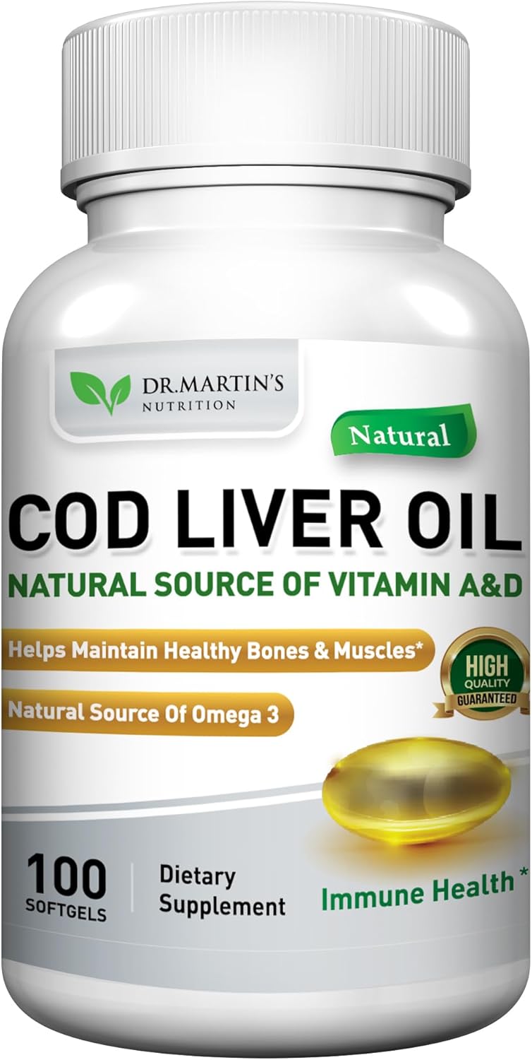 Premium Dr. Martin's Nutrition Burpless Cod Liver Oil Softgels - 100 Count - Omega 3 EPA & DHA, Vitamins A & D - Joint, Bone, Muscle, Brain, Heart, Eye, Immune Health Support - No Aftertaste