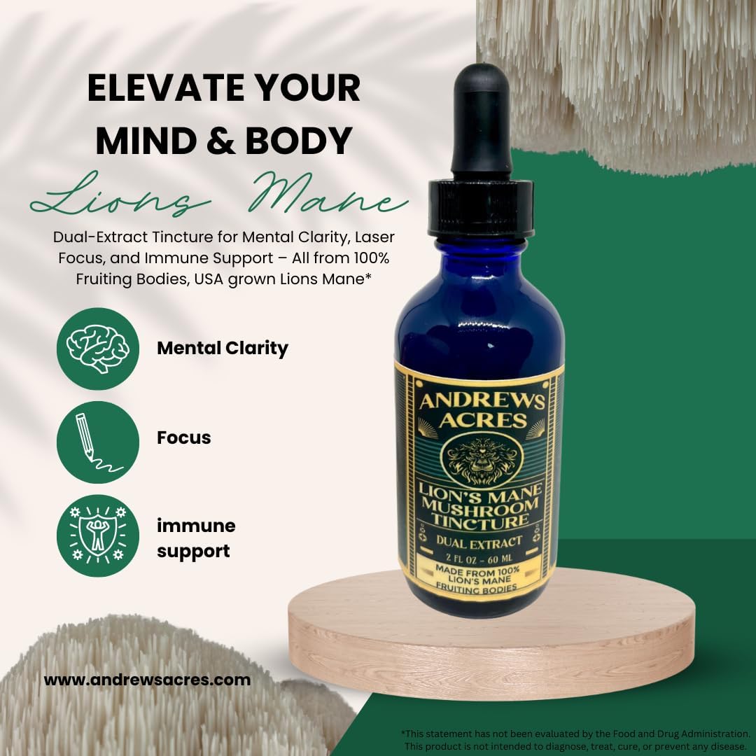 Premium Dual Extract Lion's Mane Tincture - 100% Fruiting Bodies (2 oz) - Andrews Acres