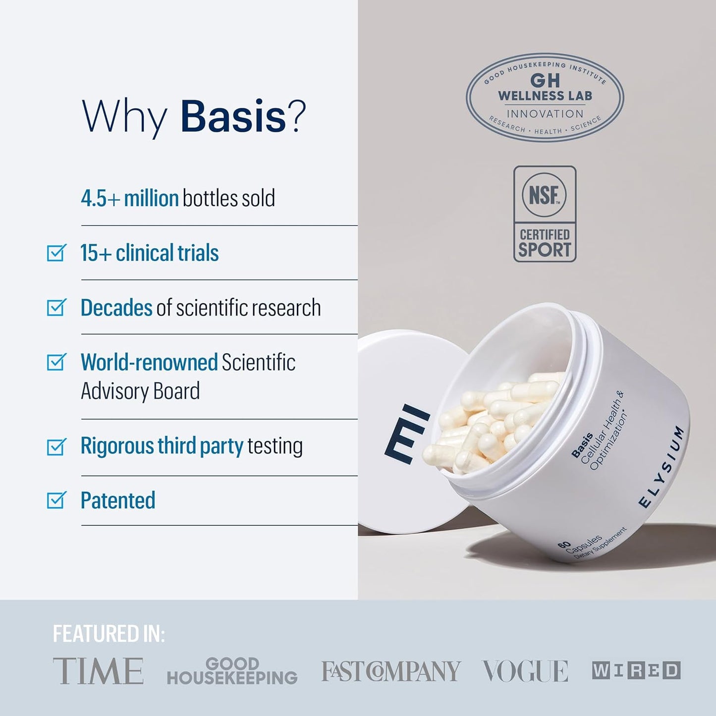 Premium ELYSIUM Basis NAD Plus Supplement - 30 Servings with Nicotinamide Riboside & Pterostilbene - Supports Healthy Aging & Cellular Energy