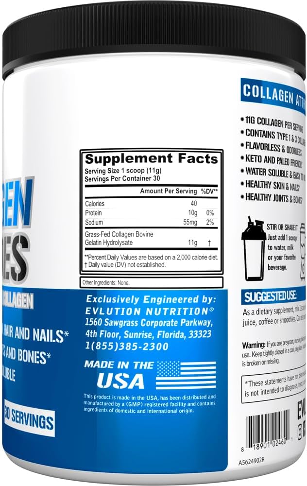 Premium Evlution Nutrition Collagen Peptides Powder for Healthy Skin, Hair, Bones, Joints, Nails (30 Servings)