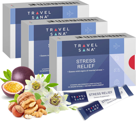 Premium Fast-Acting Stress Relief Supplement with Passionflower 200mg, Vitamin B6 and B12 - 10 Sticks (Pack of 3) for Travelers