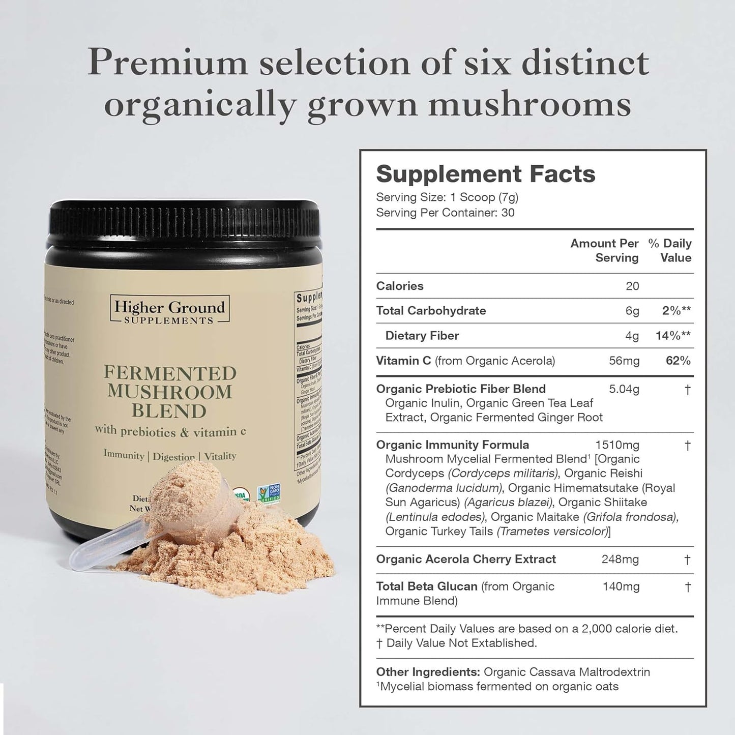 Premium Fermented Mushroom Blend with Prebiotics, Fibers, and Vitamin C for Immunity - Non-GMO & Gluten-Free - 210g