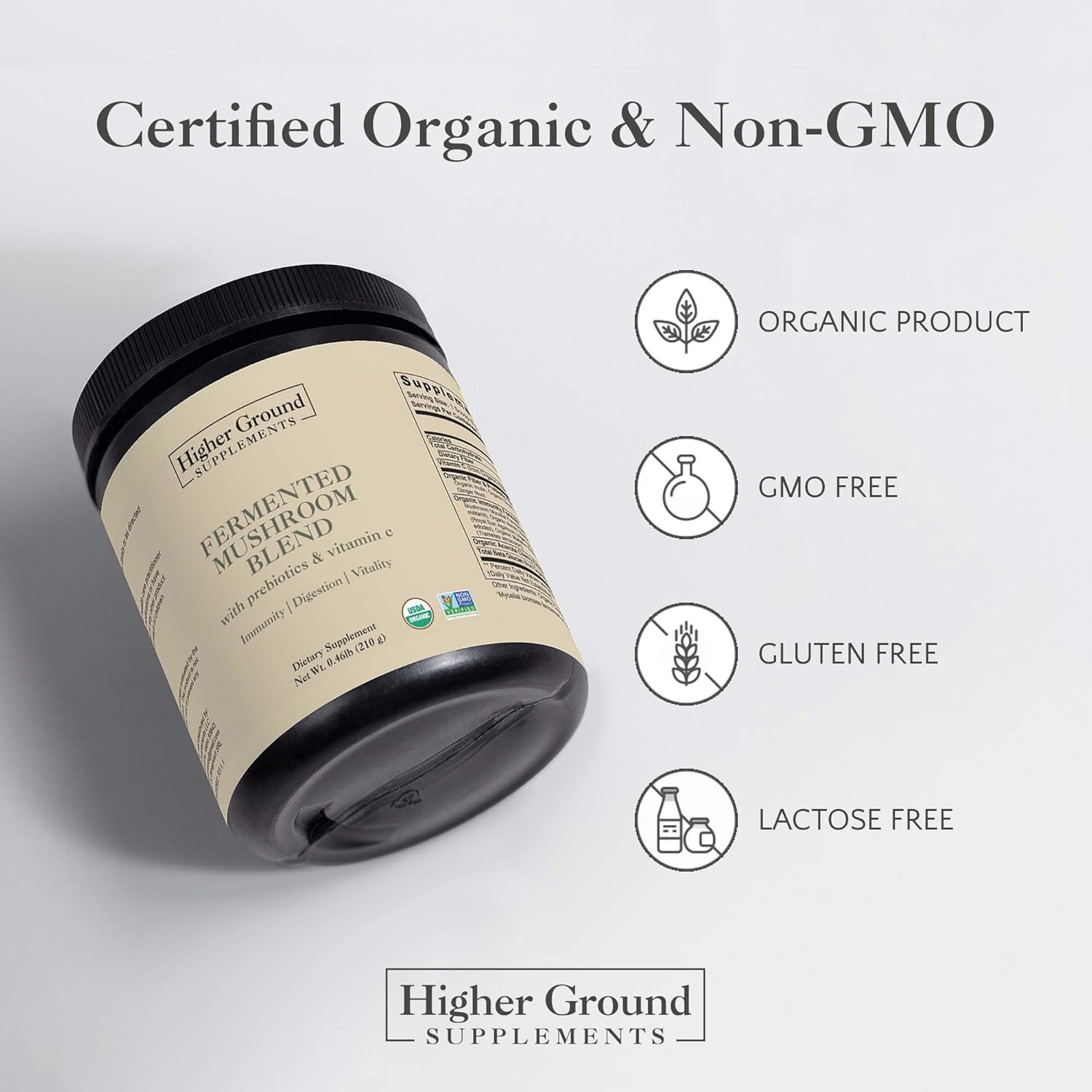 Premium Fermented Mushroom Blend with Prebiotics, Fibers, and Vitamin C for Immunity - Non-GMO & Gluten-Free - 210g