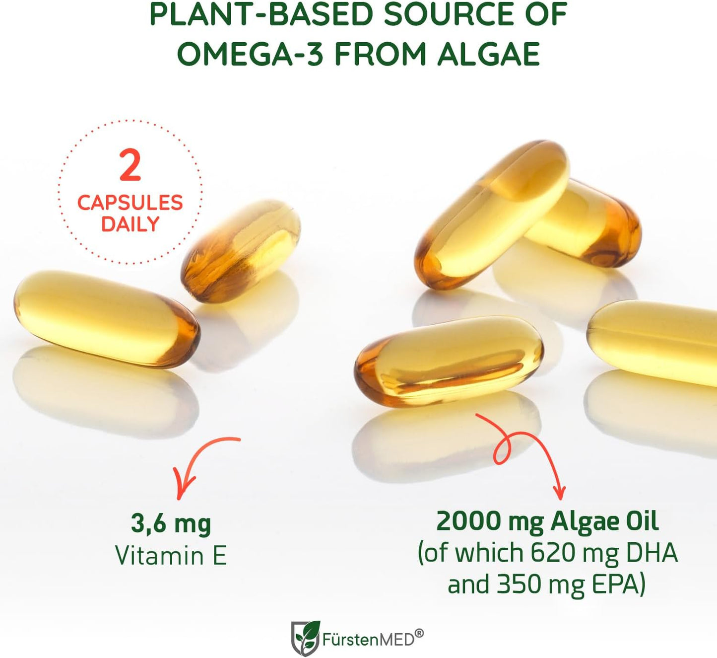 Premium FürstenMED® Algae Oil Omega 3 Supplement - 2000mg with DHA, EPA & Vitamin E - Vegan Heart, Brain & Joint Health Support - Essential Fatty Acids for Daily Wellness